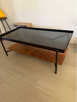 Modern Black 50" Rectangle Glass Metal Wood Coffee Table