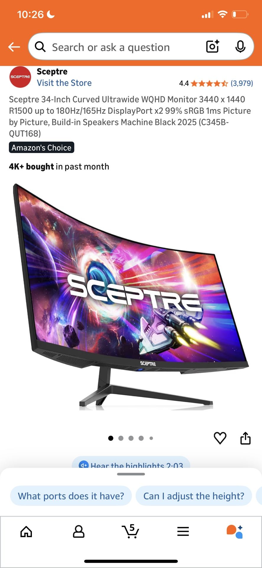 Sceptre 34-Inch Curved Ultrawide Monitor - 3440 x 1440 R1500 up to 180Hz/165Hz