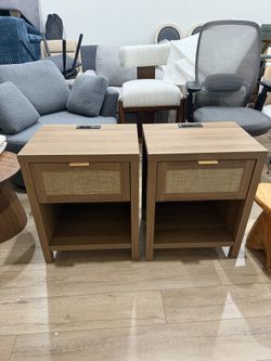 Nightstands Set of 2 with Charging Station Rattan Night Stand with Drawer Boho Bedside Table with USB and Type-C Ports Bed Side Tables for Bedroom Sma