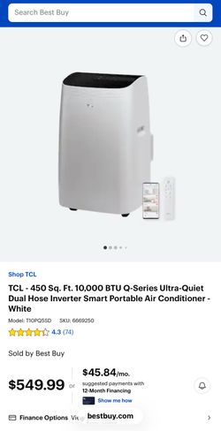 Portable Air Conditioner, TCL - 450 Sq. Ft. 10,000 BTU Q-Series Ultra-Quiet Dual Hose Inverter Smart Portable Air Conditioner - White