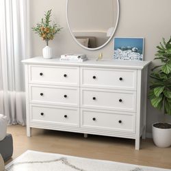 White Dresser, 6 Drawer Double Dresser for Bedroom with Metal Knobs & Wide Storage, Chest of Drawers