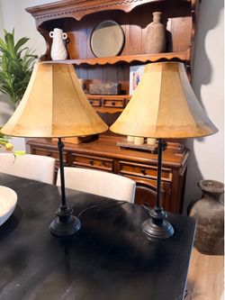 26” Dark Antique Bronze Table Lamps w/ Leather-Look Shades – Matching Pair