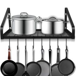 Hanging Pots & Pans Rack,Wall Mounted Pots Pans Organizer Holder Rack with 8 Hooks, Kitchen Wall Storage Organizer Hanger Shelves for Pans Set, Utensi