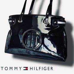 Black patent leather Tommy Hilfiger shoulder bag with gold hardware 