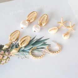 4 Pairs Boho Seashell Conch Earrings Set Gold