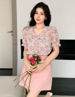 Pink Floral Chiffon Top and Mini Skirt Set