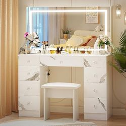 Vanity with Lighted Mirror - Makeup Vanity Desk with Power Outlet and 9 Drawers, 3 Color Lighting Modes Adjustable Brightness, 43" Vanity Table with S