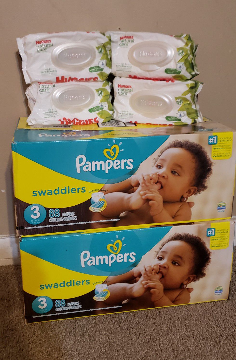 2/88 PAMPERS SWADDLERS SIZE#3+4/56 HUGGIES WIPES $45.00