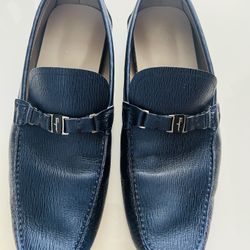 Salvatore Ferragamo Amer Vera Buckle Driving Loafers Navy Blue Leather Men,s Size 12