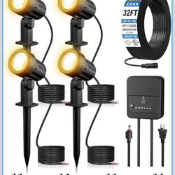New-All-in-One LED Landscape Lighting Kit, 4-Pack Low Voltage Landscape Lights with Transformer 32FT Wire and Connectors, 2700K Waterproof Outside Spo