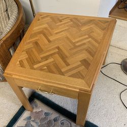 Oak End Table with Parquet Top and Drawer