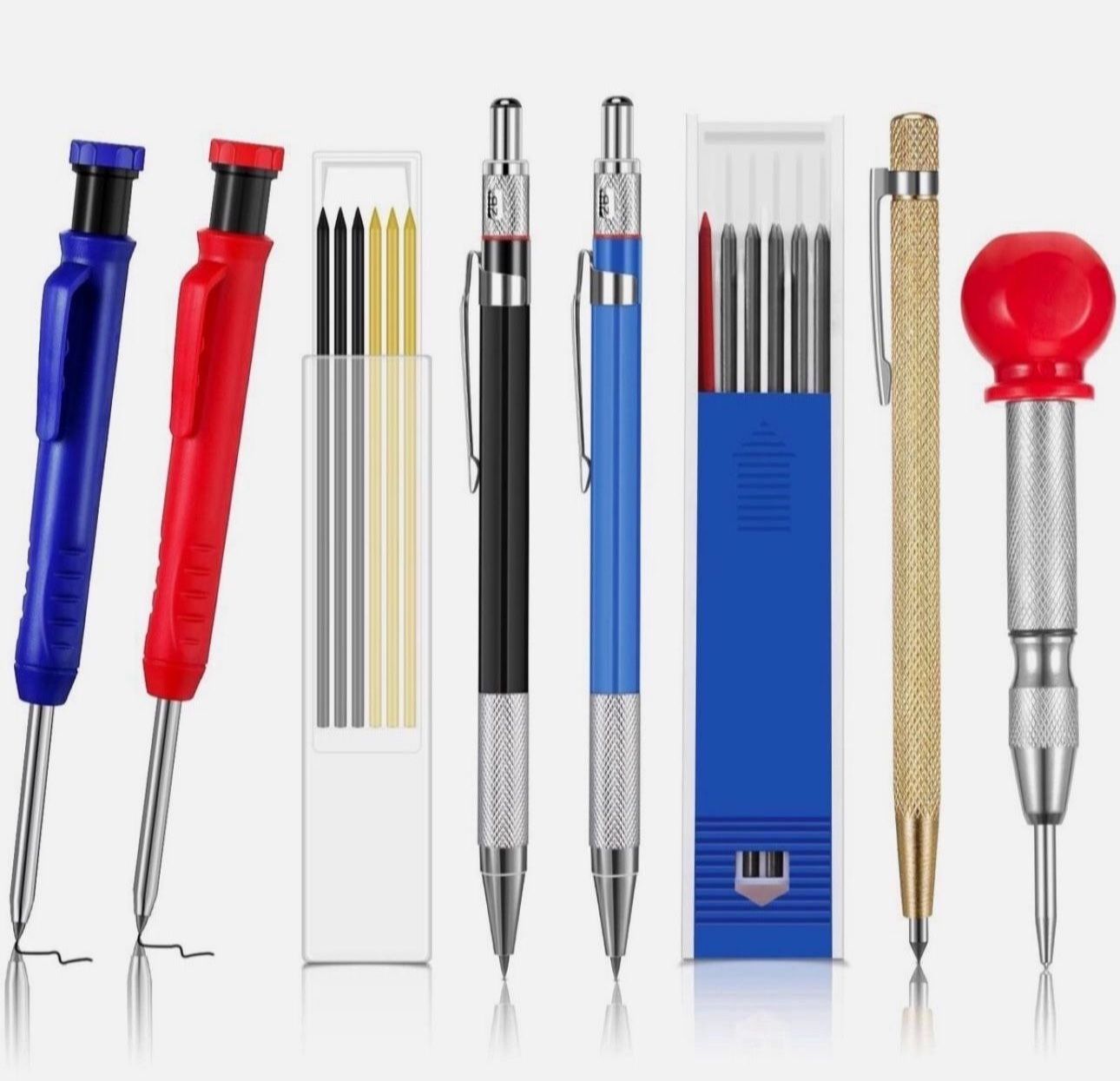 8 Pieces Carpenter Scriber Marking Kit Includes 4 Mechanical Carpenter Pencilsyy, 2 Packs Marker Refills, Metal Carbide Scriber and Automatic Center P