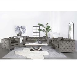 3 Piece Set Sofa Loveseat & Chair Grey Velvet Deep Button Tuft Chrome Legs Matching Throw Pillows Brand New In Box Firm Price $1,800