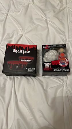 3  ghost face ceramic bowls and chucky tiny paint a ceramic