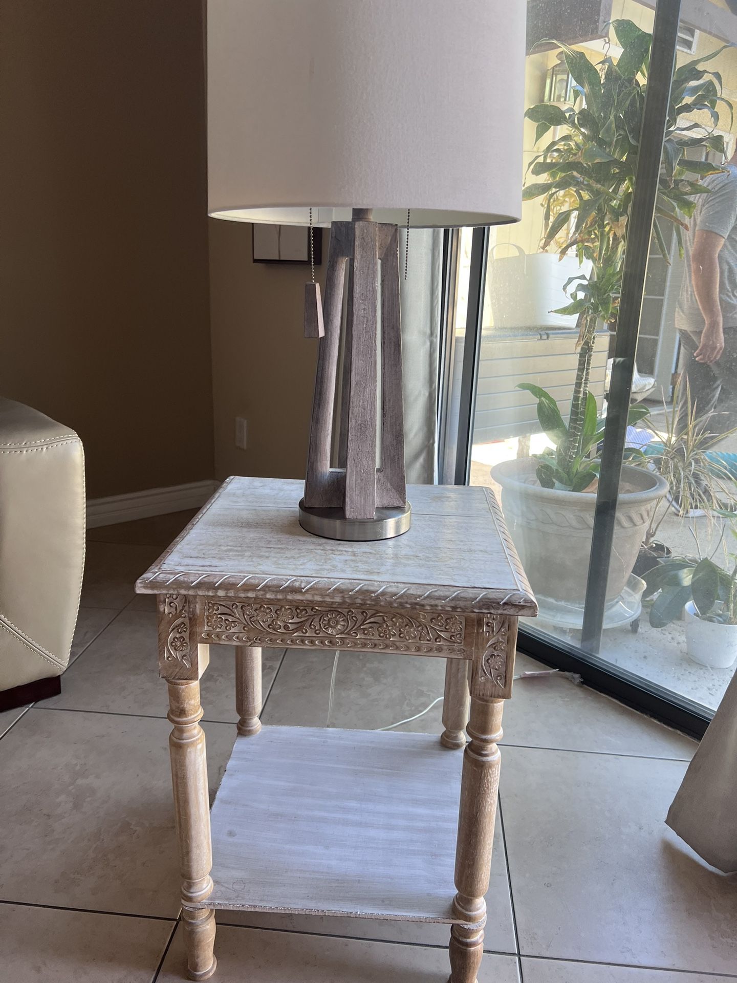 Marble Side Table And Lamp And plant