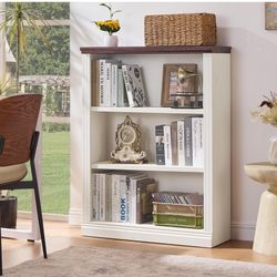 New in box 43" White Tall Bookshelf,3-Tier Thick Wooden Book Shelf with Adjustable Shelves,Free Standing Farmhouse Bookcase with Open Display Storage,