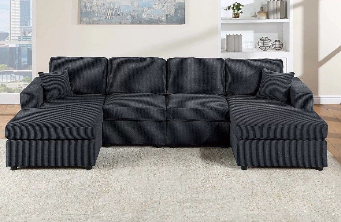 ✅️✅️4 pc black corduroy fabric sectional sofa with double chaise✅️