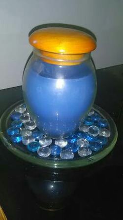 Glass Candle w/Lid,Glass Tray & Colorful Blue Marbles!