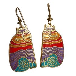 1980s Laurel Burch Rainbow Cats cloisonné enamel and gold-plated brass  Earrings