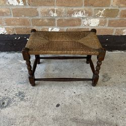 Woven Rush Handmade Wooden Footstool with Brown Patina