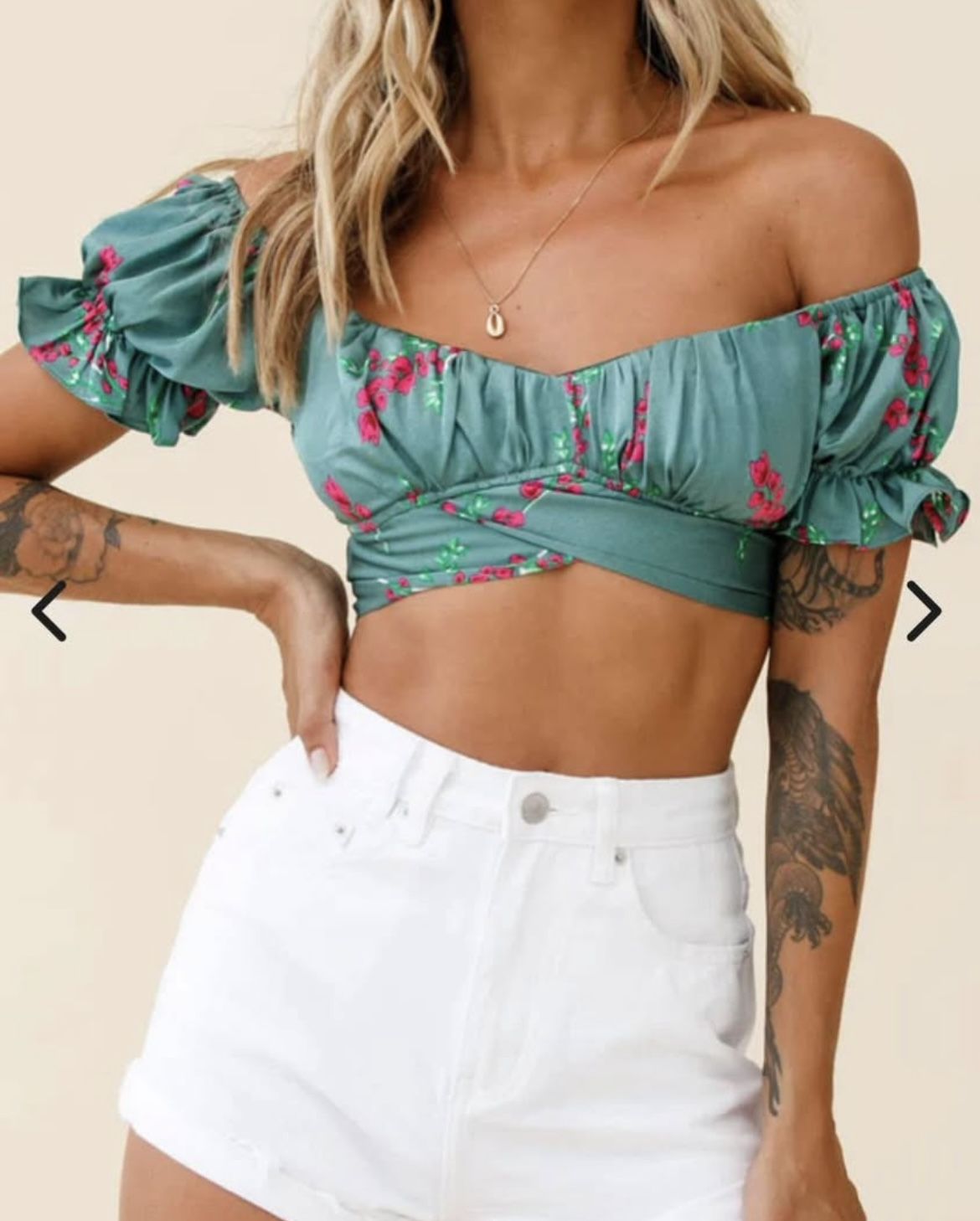 Linka Off-Shoulder Tie-Back Crop Top Pink Floral Print Sage