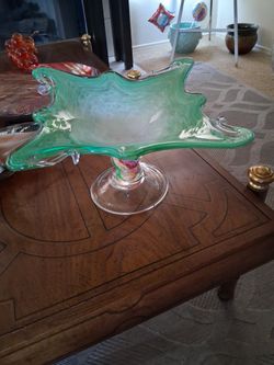 Vintage Murano Large Glassware Hand Blown Pedestal Bowl - Made in Italy