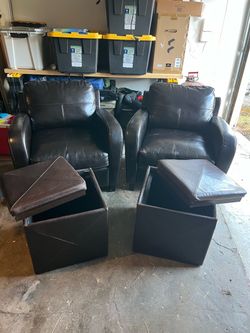 Dark Brown Leather arm Chairs with Storage Ottomans