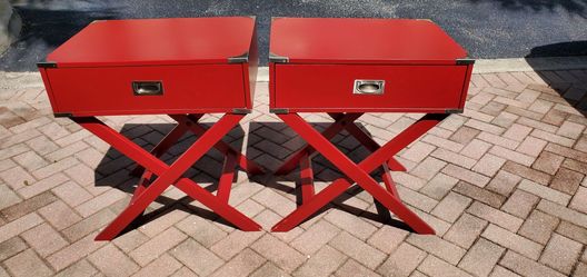 2 Red Campaign-Style Side Tables with X-Legs & Metal Corner Accents