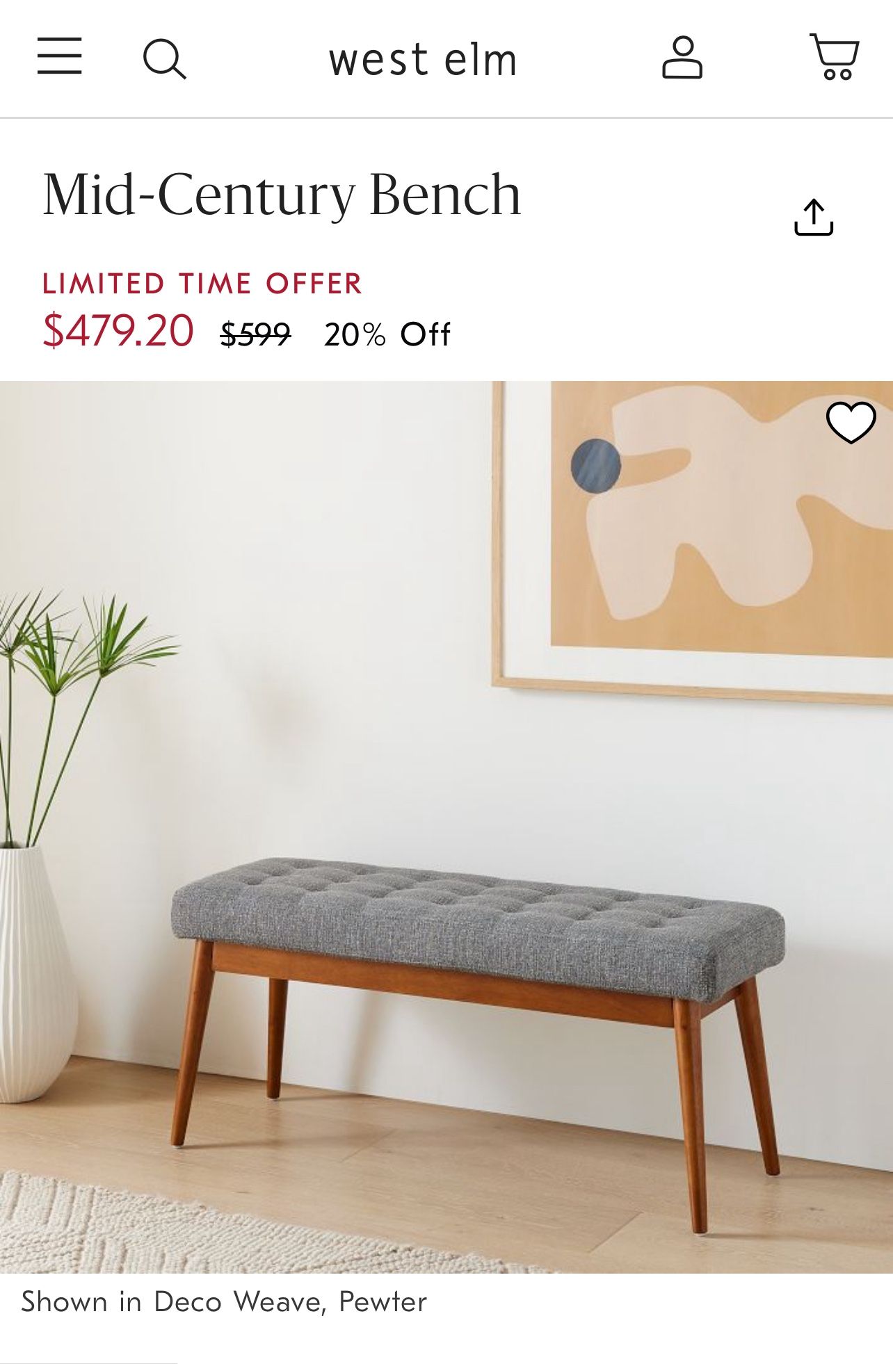 West Elm MidCentury Bench - Thumbnail 5