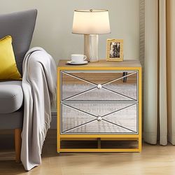 DWVO Nightstand with 2 Drawers, Mirrored Night Stands for Bedroom, Small End Side Table with Storage, Silver & Gold