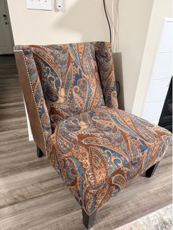 Paisley accent chair | brown, teal, gold, blue-grey