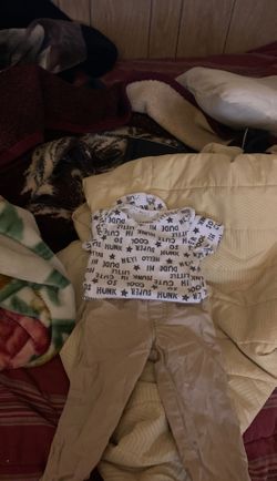 White onesie 12 months and beige pants size 12 months