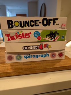 Family games Connect 4, Twister, Spirals, and Bounce off