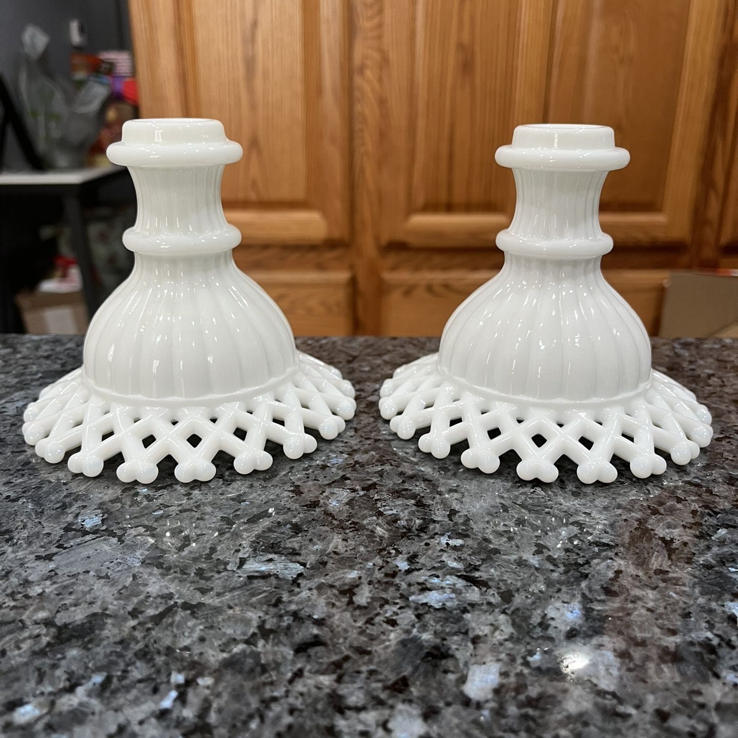 Westmoreland Lattice Edge white milk glass candle holders.  Preowned Excellent Condition 