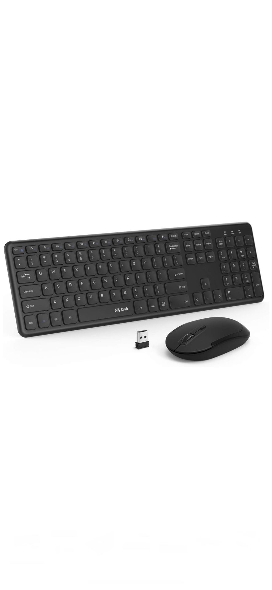 Jelly Comb 2.4GHz Ultra Thin Full Size Wireless Keyboard Mouse Combo Set with Number Pad for Computer, Laptop, PC, Desktop, Notebook-(Black)
