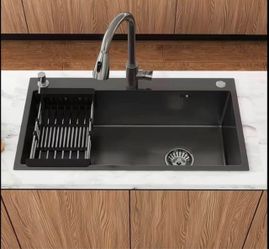 30in Inch Black Stainless Steel Workstation Single Bowl Kitchen Sink with Pull-out Faucet, Drying Rack & Drain Kit, One-step Installation