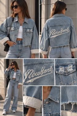 U.K.P New York Embroidered Cropped Denim Jacket – Light Blue