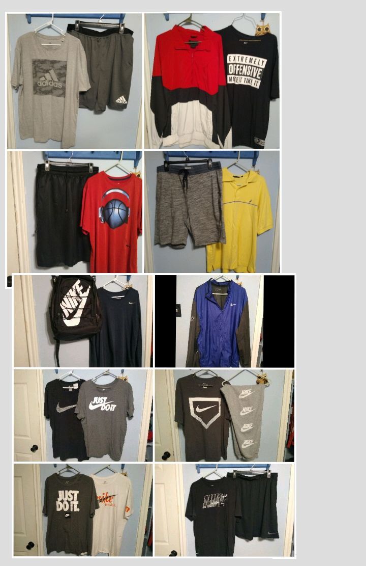 All size XL men's mostly Nike but some Adidas and Jordan and one Nautica shirt brand new bike backpack