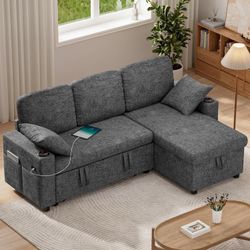 Gray Chenille L-Shaped Sectional Sofa with Pull-Out Bed and Storage