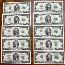Private Collection 10 $2.00 Bills In a Consecutive Number Run