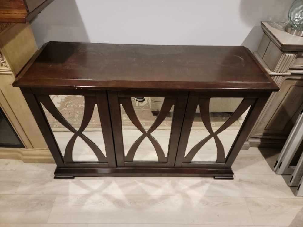 Brown Wood Mirrored 3 Door Chest Console Table