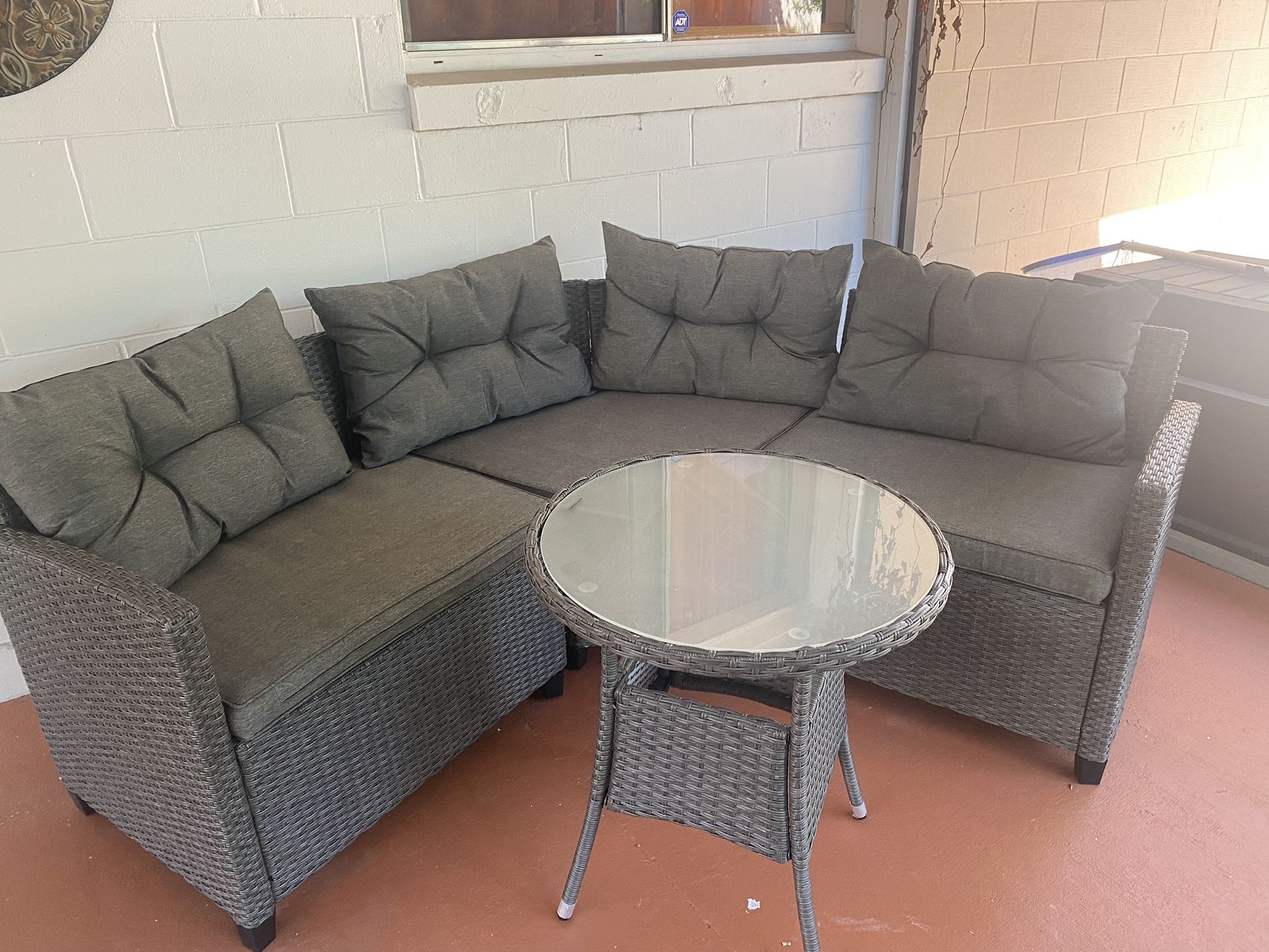 4 Piece Outdoor Wicker Patio Furniture Sofa 🛋️ Set With Table And Gray Cushions for Garden Poolside Balcony