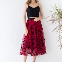 CHICWISH Women Tulle Skirt 3D Posy Midi Long Fairy Skirt Tutu A-Line High Elastic Waist Mesh Double-Layered Skirt Red