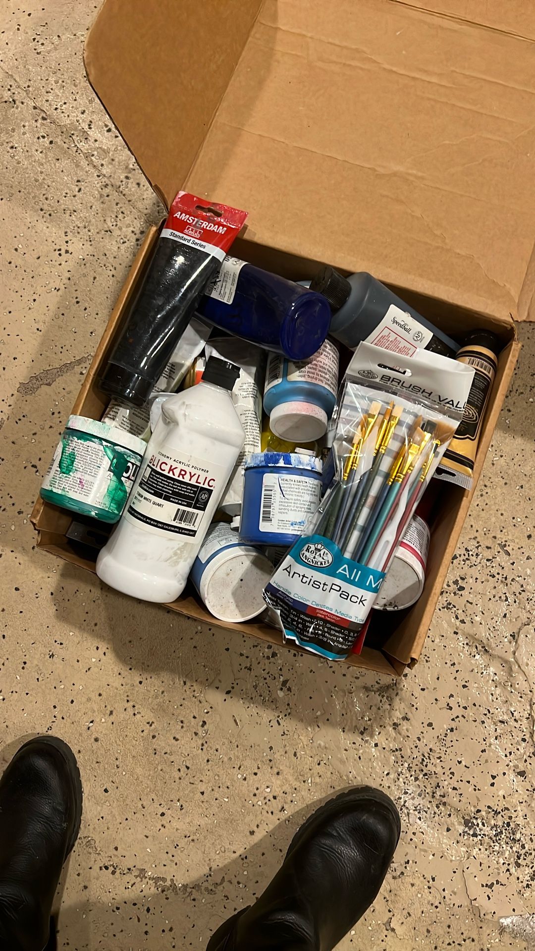 Box Of Acrylic Paint & Brushes