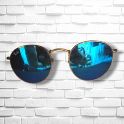 Ray-Ban Unisex Round Polarized Sunglasses Blue Mirror Lens Gold Frame