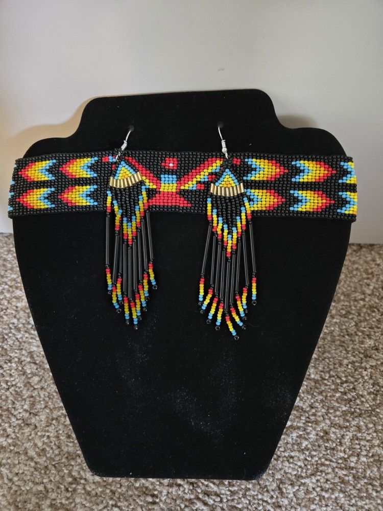 Handmade Native Inspired Black Multicolored Chocker Necklace And Earrings Set