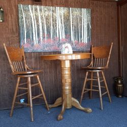 Nice Wood Table And Two  Swivel  Chairs