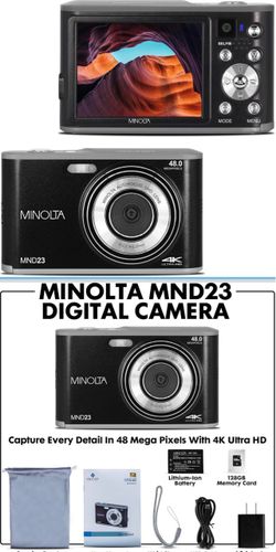 Minolta MND23 48MP Camera, Rear Selfie Lens, 4K Video, 16X Zoom (Black)