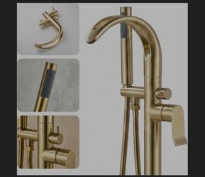 Freestanding Bathtub Faucet Stand Alone High Flow Brass Brush Gold Tub Filler, Free Standing Unique Bath Tub Faucet with Sprayer, Tub Shower Faucet Se