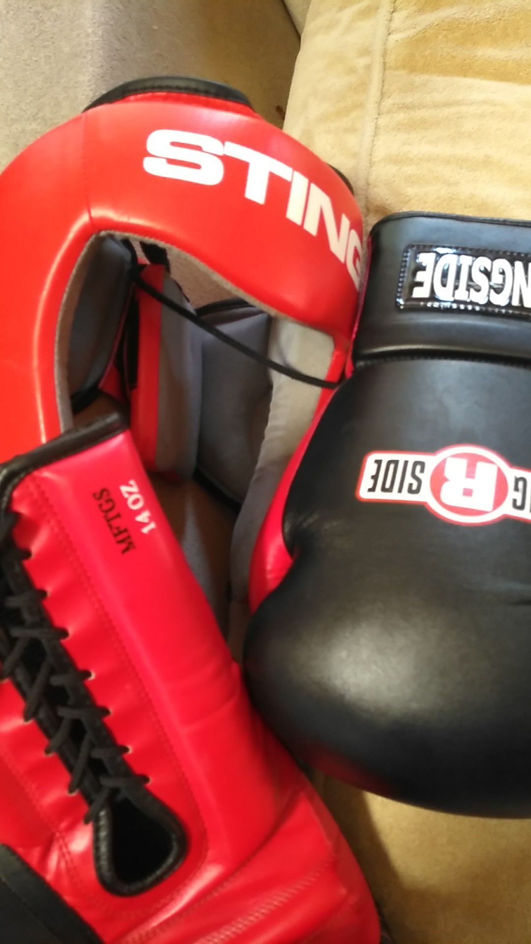 Boxing gloves and head gear